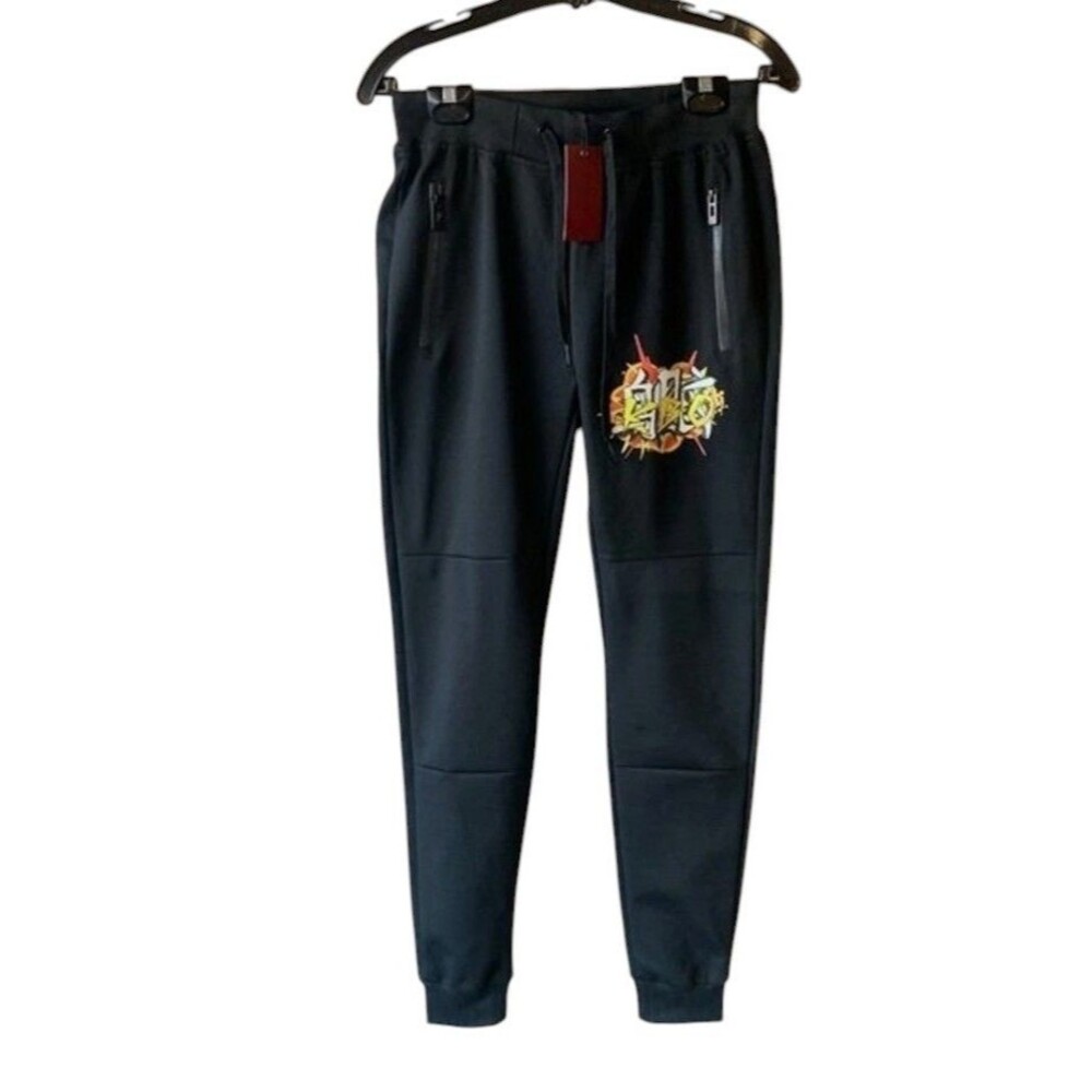 NWT Riflessi Black Tech Fabric Jogger Pants w /Graphic Sports Size Medium